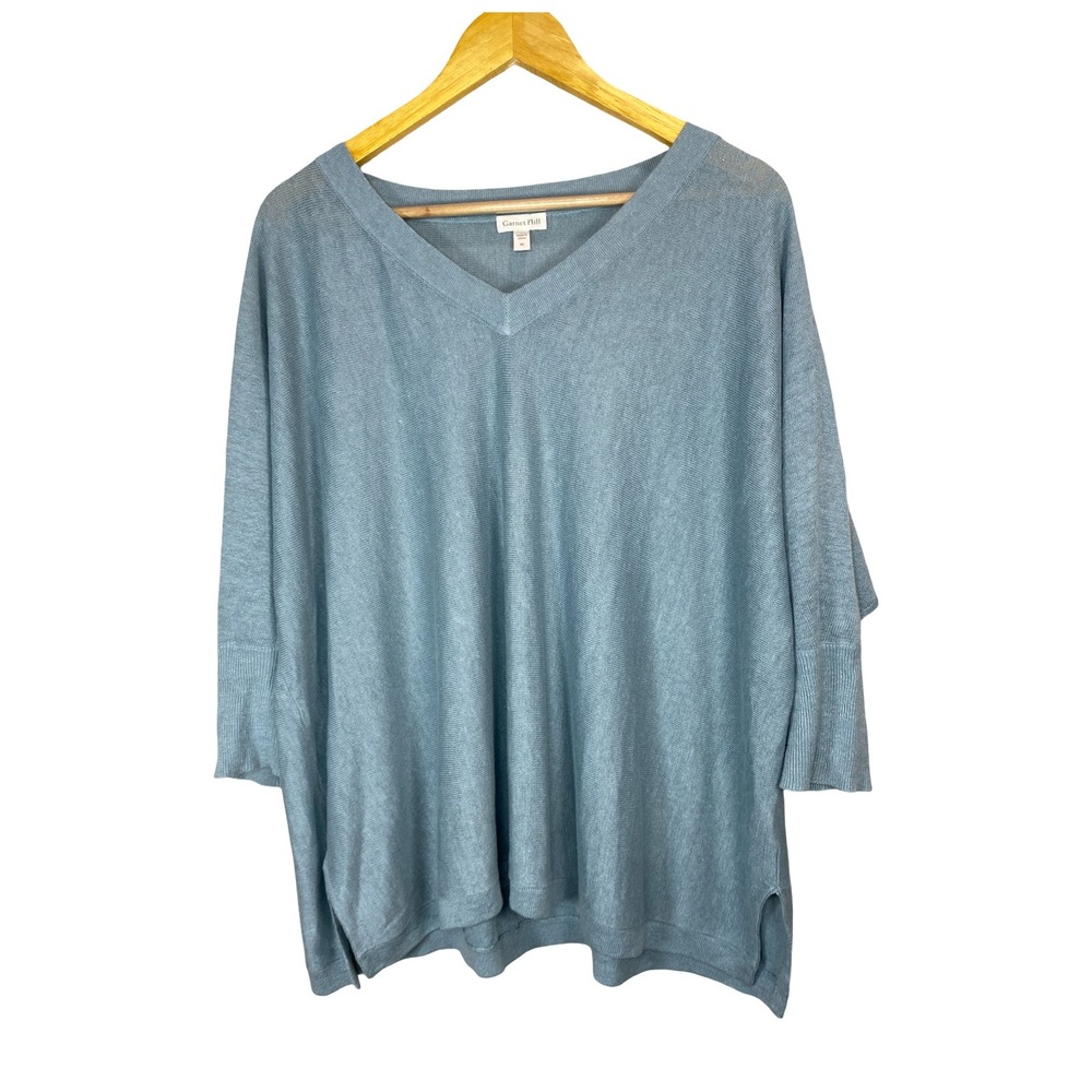 Garnet Hill Womens 100% Linen V-Neck Sweater Blue M Boxy Minimalist Coastal knit